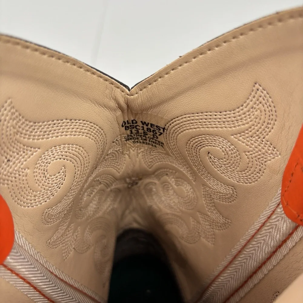 Old West Cowboy Boots Youth Size 13.5 Brown Orange Western Square Toe Kids Rodeo